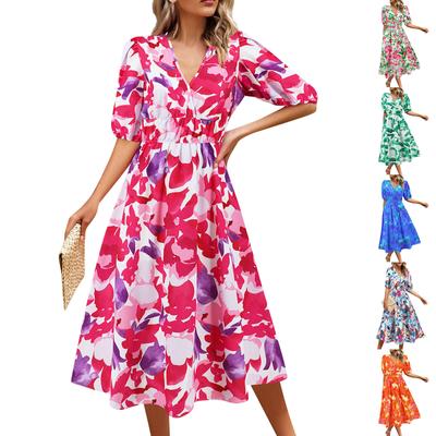 Women's V-Neck Bohemian Print Short Sleeve Dress A-Line Skirt