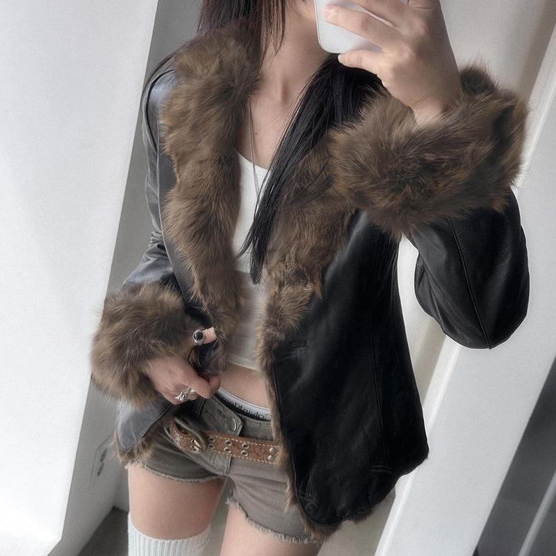 Podzimní a zimní dámský kožešinový límec Street Spice Style Volná kožená bunda Cardigan