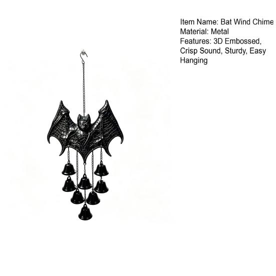 Dark Aesthetic Balcony Decorations Gothic Bat Metal Wind Chime, Halloween Hanging Ornament with Multiple Bells, 3D Unique Gift Ideas Embossed