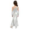 Girls Sequined One Shoulder Jumpsuit Sleeveless Disco Dance Costume High Waist Flared Design Tassel Details Gloves Included