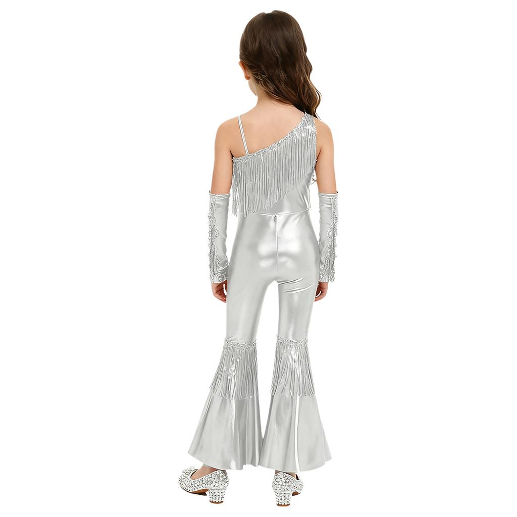 Girls Sequined One Shoulder Jumpsuit Sleeveless Disco Dance Costume High Waist Flared Design Tassel Details Gloves Included