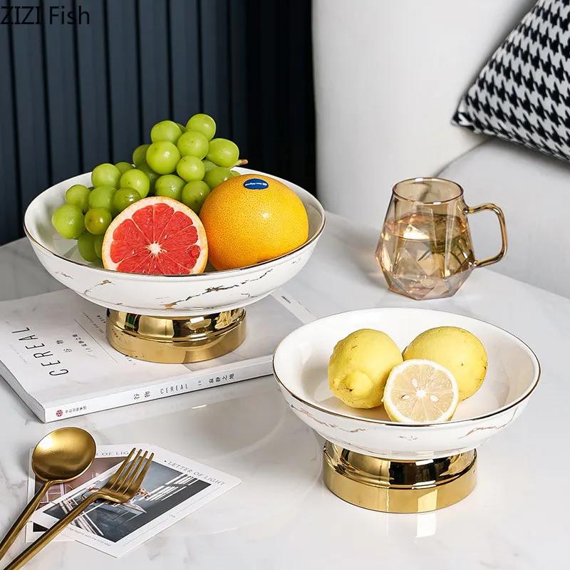 Imitation Marble Ceramic High-footed Fruit Plate Light Luxury Home Living Room Desktop Snack Dessert Plate Creative Tableware