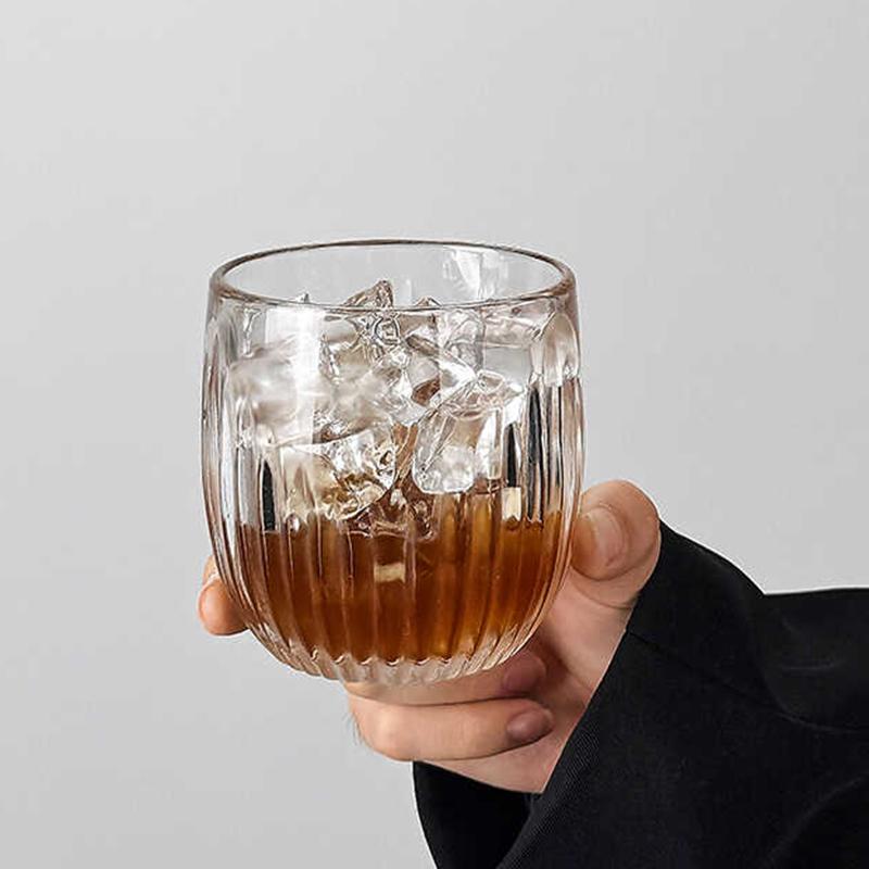 260ml 2pcs Set Transparent Beverage Iced Coffee Latte Cups Vintage Vertical Striped Coffee Cup Wine Glass Drinkware Tea Mug Cafe