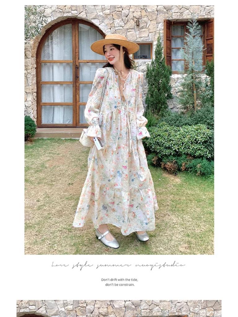 Elegant French Chic Floral Long Dress - Romantic Spring Style with Large Hem