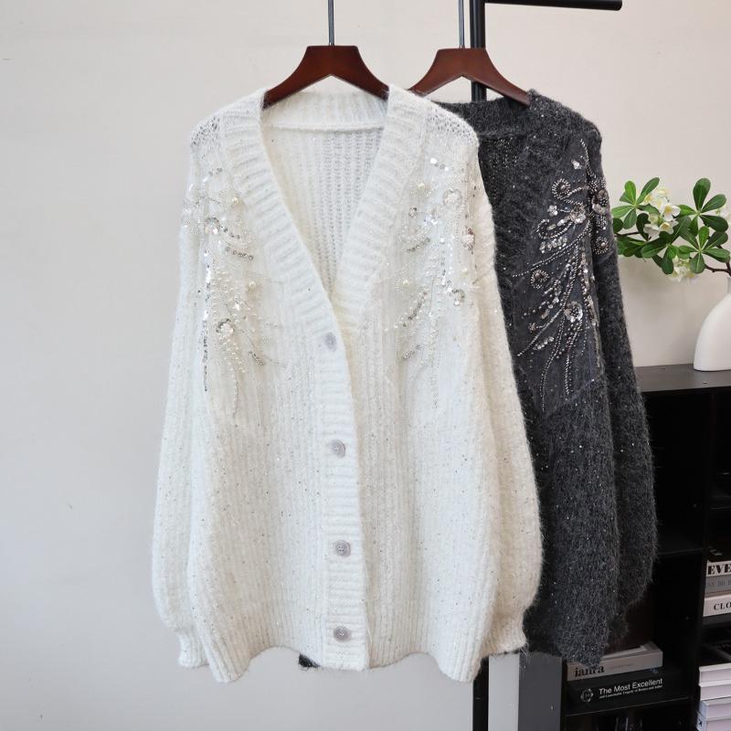 Autumn and Winter New Medium and Long Knitted Cardigan Loose Sequined Beaded Design Sweater Jacket Women