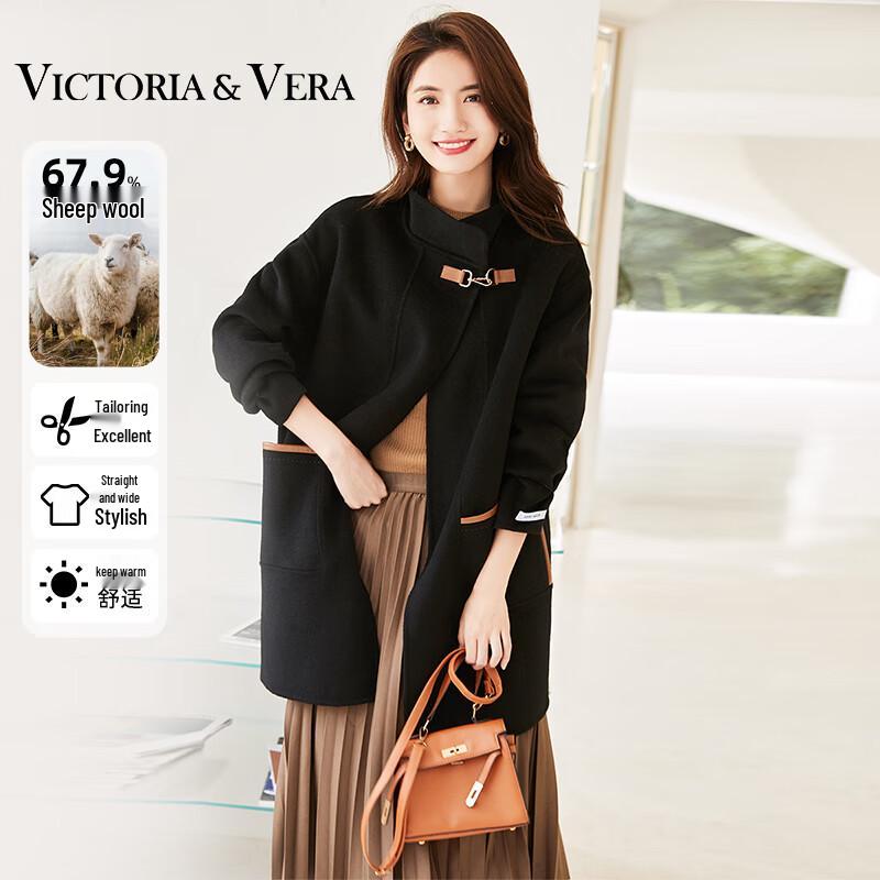 VICTORIA&VERA Women's Winter Leather Buckle Double-Faced Wool Coat