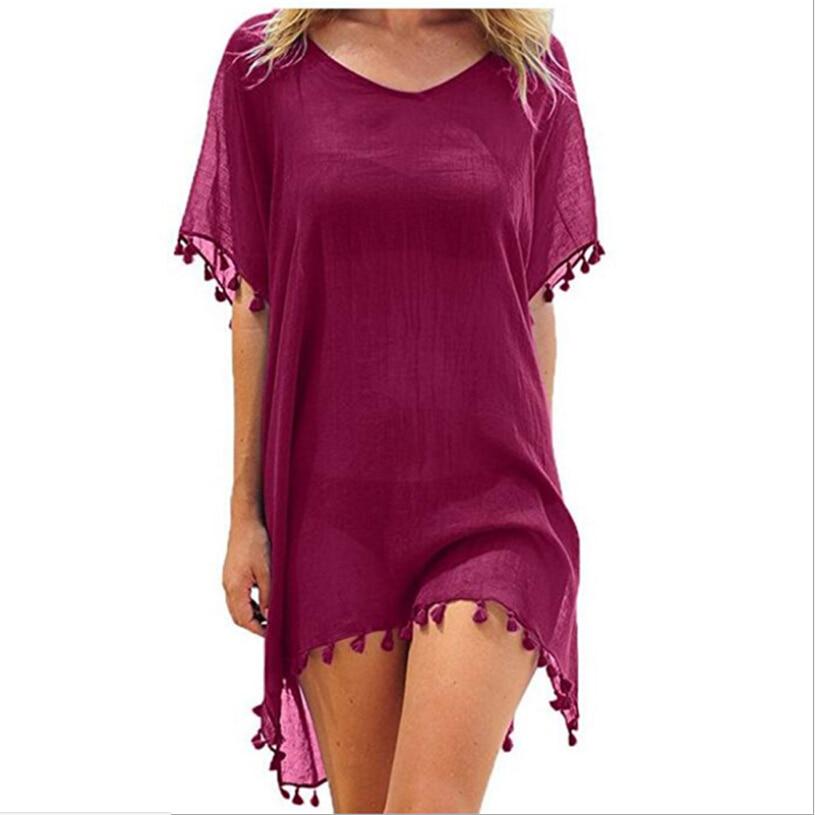 Summer Bikini Cover Up Chiffon Pompom Detail Hollow Crochet Swimsuit Cover-Ups Bathing Suit F Size