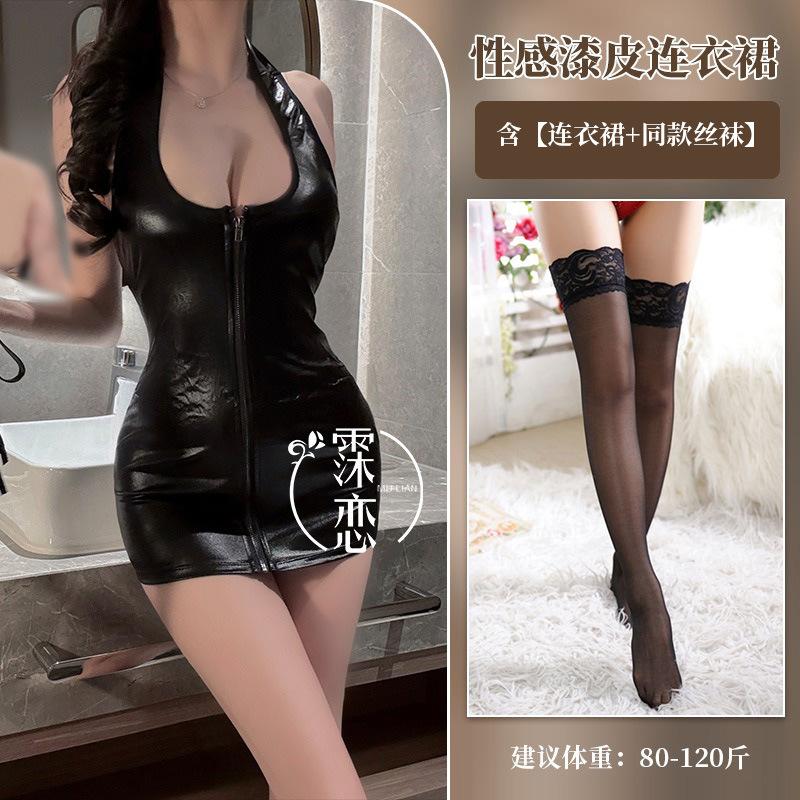 Sex underwear imitation leather patent leather dress front zipper sexy nightclub hip skirt temptation