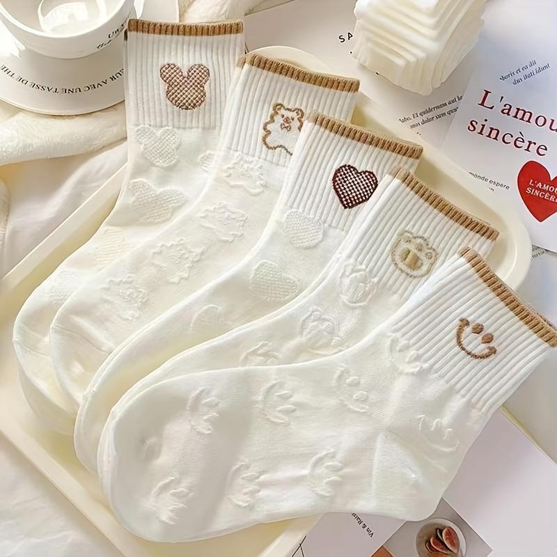 5 Pairs Smile Face Print Socks, Cute & Breathable Mid Tube Socks, Women's Stockings & Hosiery