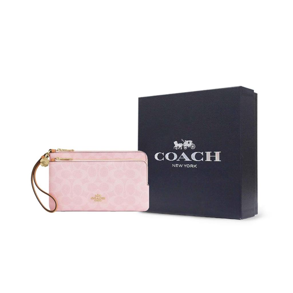 Coach Doppelreißverschluss beschichtete Leinwand Geldbörse Damen Geldbörsen Gold Rosa CEF61-IMPO