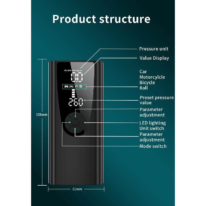 Tire Inflator Portable Air Compressor/Pump For Car Tires W/Digital Tire Pressure Gauge - Air Compressor (120 PSI) - Motorcycle, Electric Bike Pump