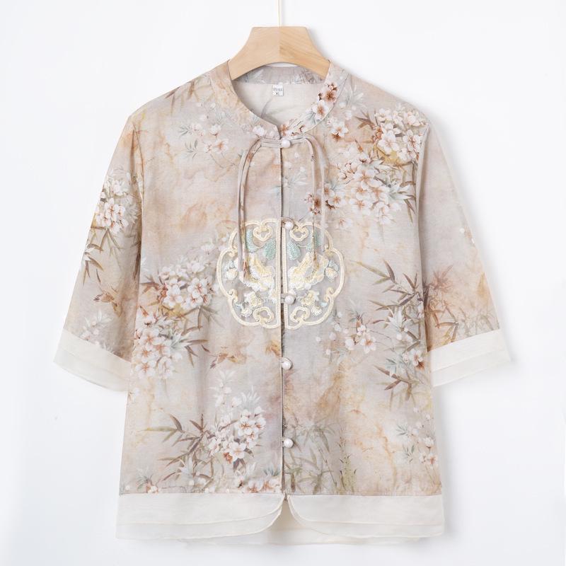 2024 New Chiffon Short Sleeve Blouse - Chinese Style Spring/Summer Top for Middle-Aged Women