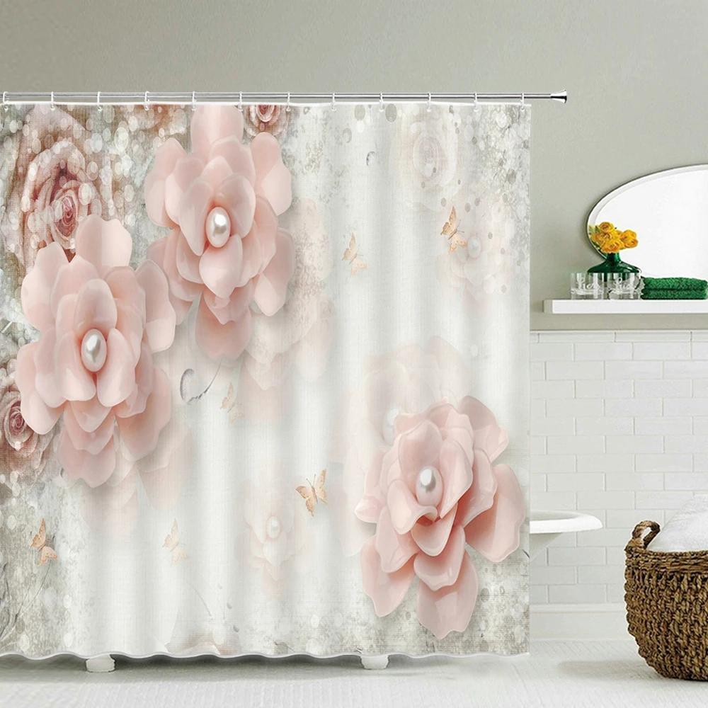 Romantic Retro Blooming Flowers Shower Curtain Garden Bath Curtains Waterproof Polyester Bathroom Shower Curtains Set with Hooks