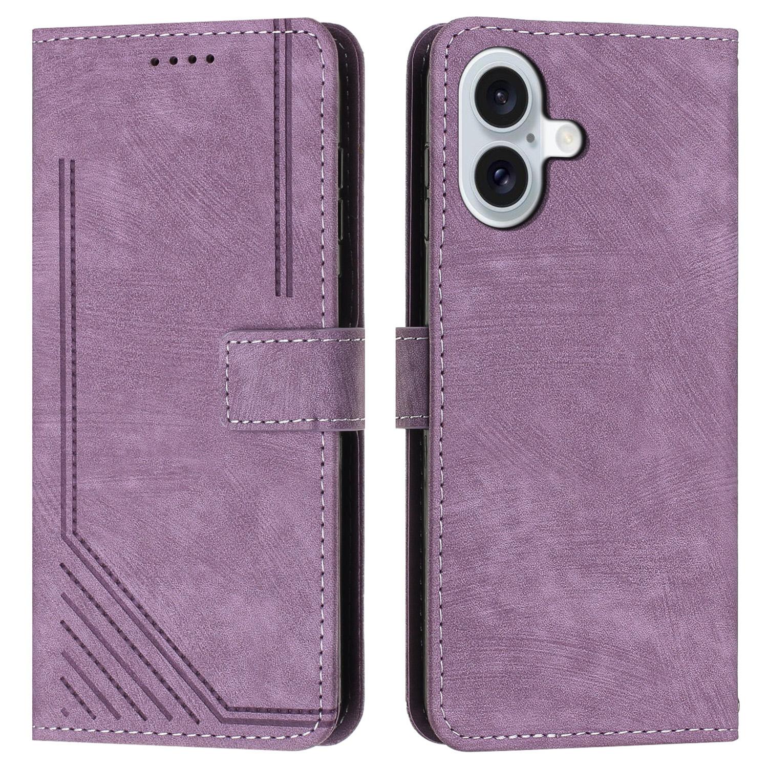 

For iPhone 16 Case Lines Pattern Leather Phone Cover Card Holder Stand Wrist Strap