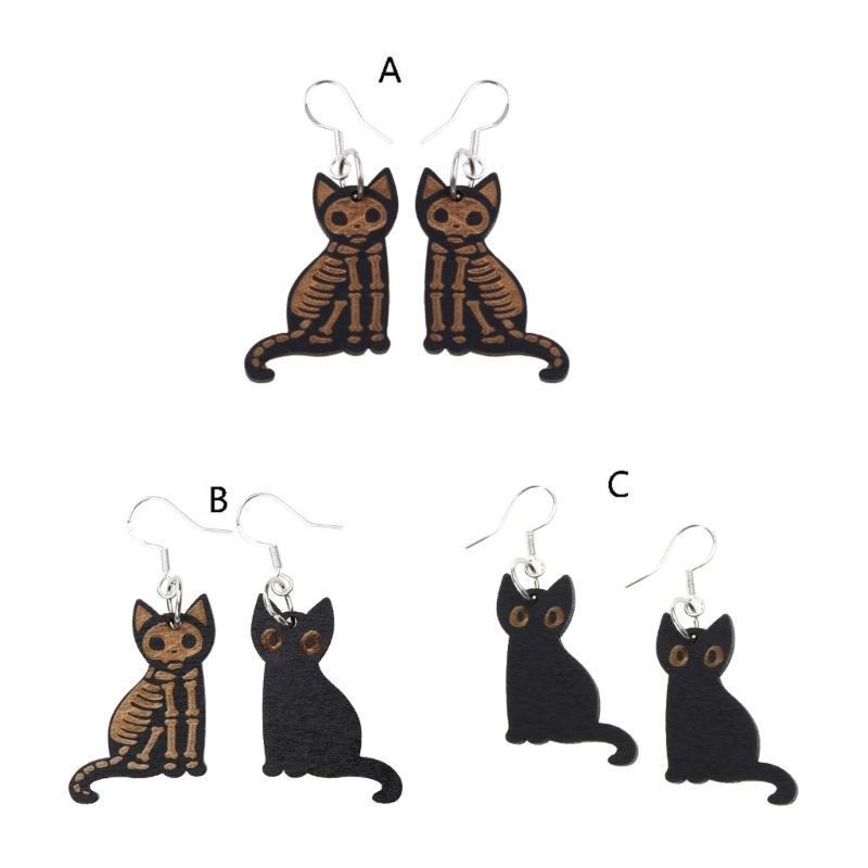 Halloween Cats Earring Wooden Black Cats Dangle Earrings Skeleton for Cats Drop Earring Pendant Jewelry Decoration