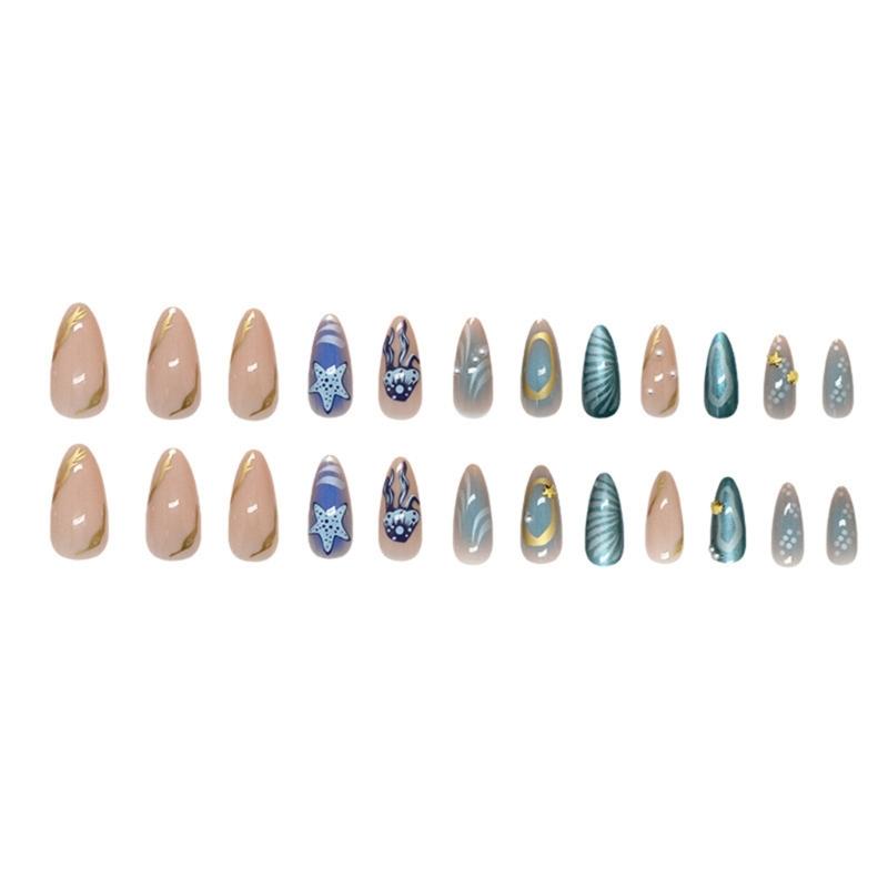 24 Pcs Almond Shaped Stick On Nail Glossy Press On Nail Reusable False Nail Ocean Star Jellyfish Acrylic Nail