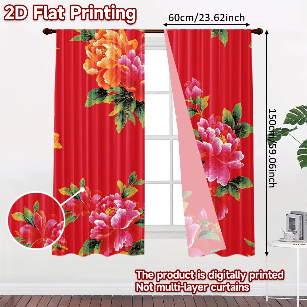 Set Of 2 Flat Printing Curtains Without Rod Floral Pattern Red Valentine Is Day Festival Popular Drapes Versatile Made Polyester