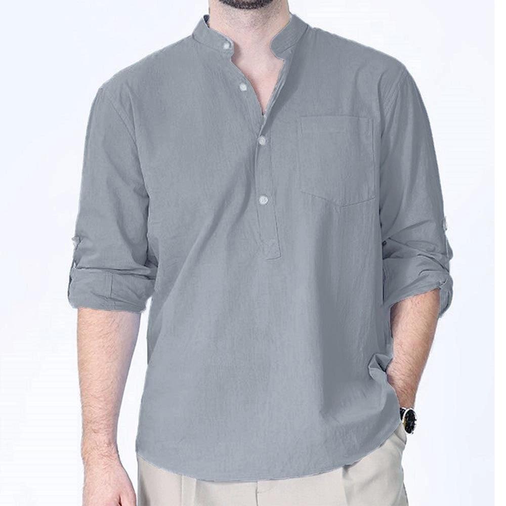 

Men s Long-sleeved Vacation Shirt, Casual Life with Pocket Solid Color Cotton Long-sleeved Button Henry Shirt 3XL