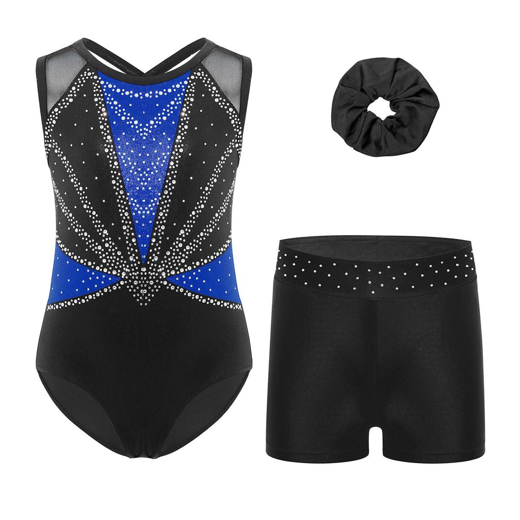 Girls Dance Gymnastics Outfit Sleeveless Crisscross Back Shiny Rhinestones Color Block Metallic Leotard Elastic Waistband Short