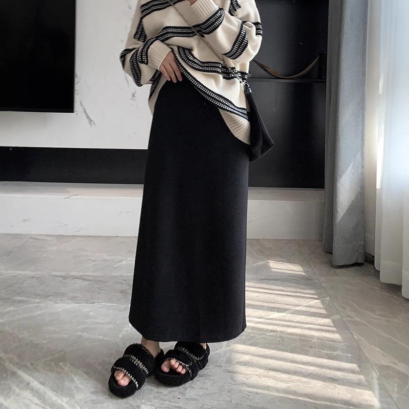 Spring Arrives Early: 2024 A/W Korean High Waist Wool-Blend Slit Midi Skirt