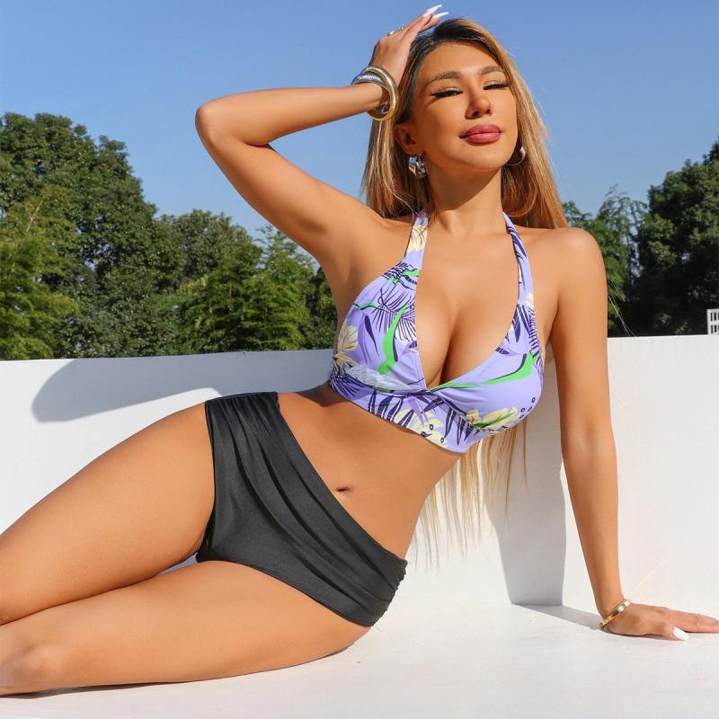Split Bikini Swimsuit Women Tight Sexy Lace High Waist Print