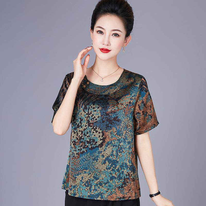 

Women s Loose-Fit Mulberry Silk Top - Short Sleeves, Plus Size, Slimming, Printed Summer T-shirt L (for 80-100 jin) синий