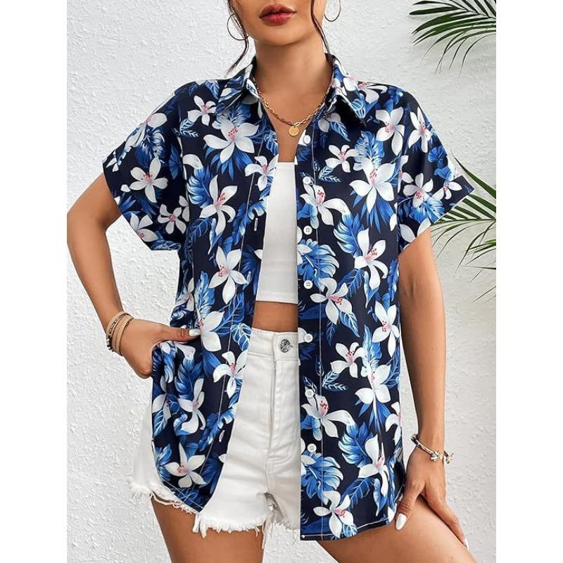 Sommer Neues Hawaiianisches Hemd für Damen Lässig Kurzärmelig Tropische Blume 3D-bedrucktes Hemd
