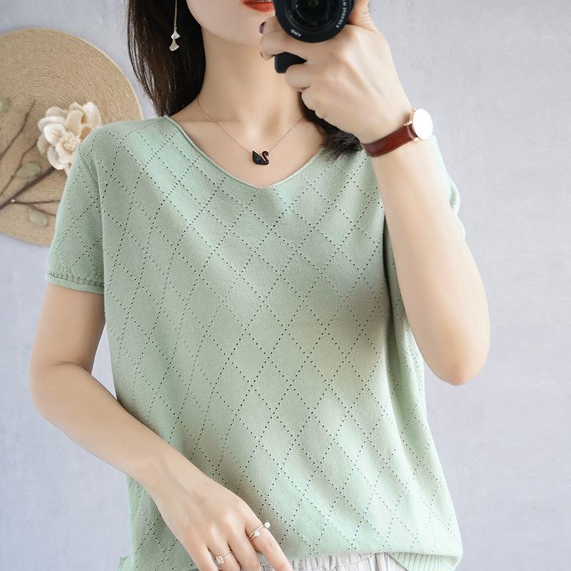 Pure Cotton V-neck Hollow Sweater Short-sleeved Women's Summer New Fashionable Versatile T-shirt Comfortable Breathable Thin Top