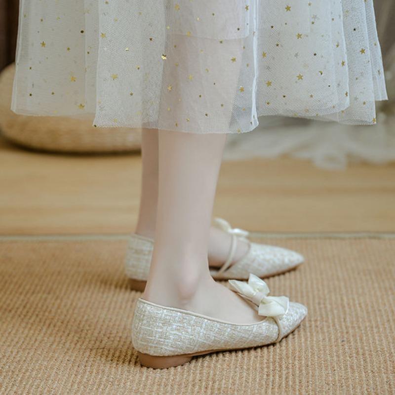 Fashion Shoes for Women with Bow Pointed Toe Evening White Woman Flats Elegant and Fashionable on Sale 2025 Trend Popular Vacation Young