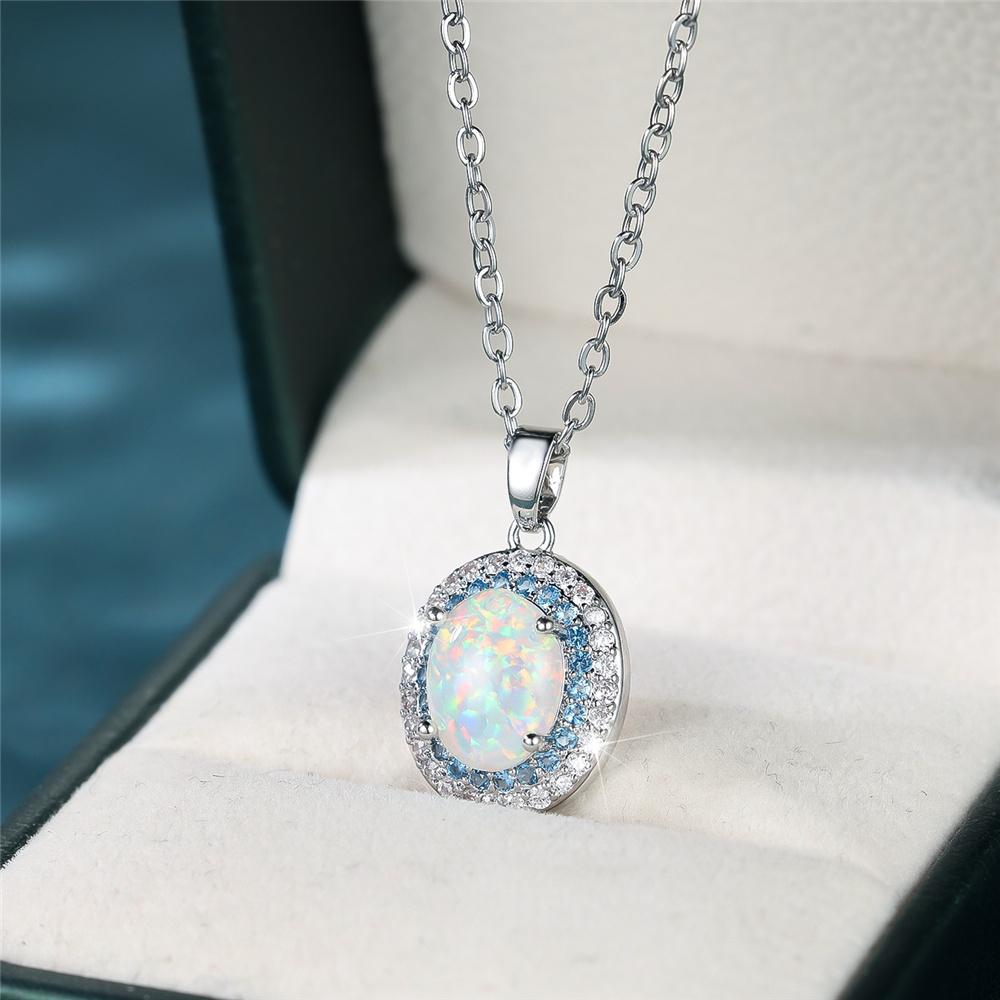 Female White Crystal Opal Oval Stone Pendant Necklace Vintage Silver Color Wedding Jewelry For Women