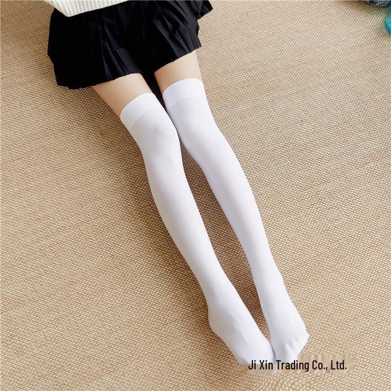 Velvet Thigh-High Socks - Black & White Silk, Sexy Slimming JK Style