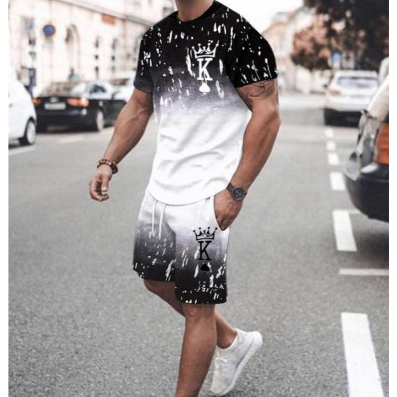 Summer Men Sets 3D Print Letter K Short Sleeve T Shirt Shorts Tracksuit O-neck Men's Suit 2 Piece Causal Man Clothes Sportswear