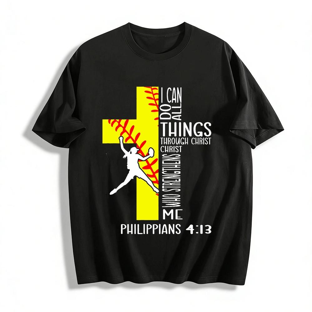 Philippians 4:13 Softball Christian Graphic Tee Shirt Pure cotton T-shirt XXS
