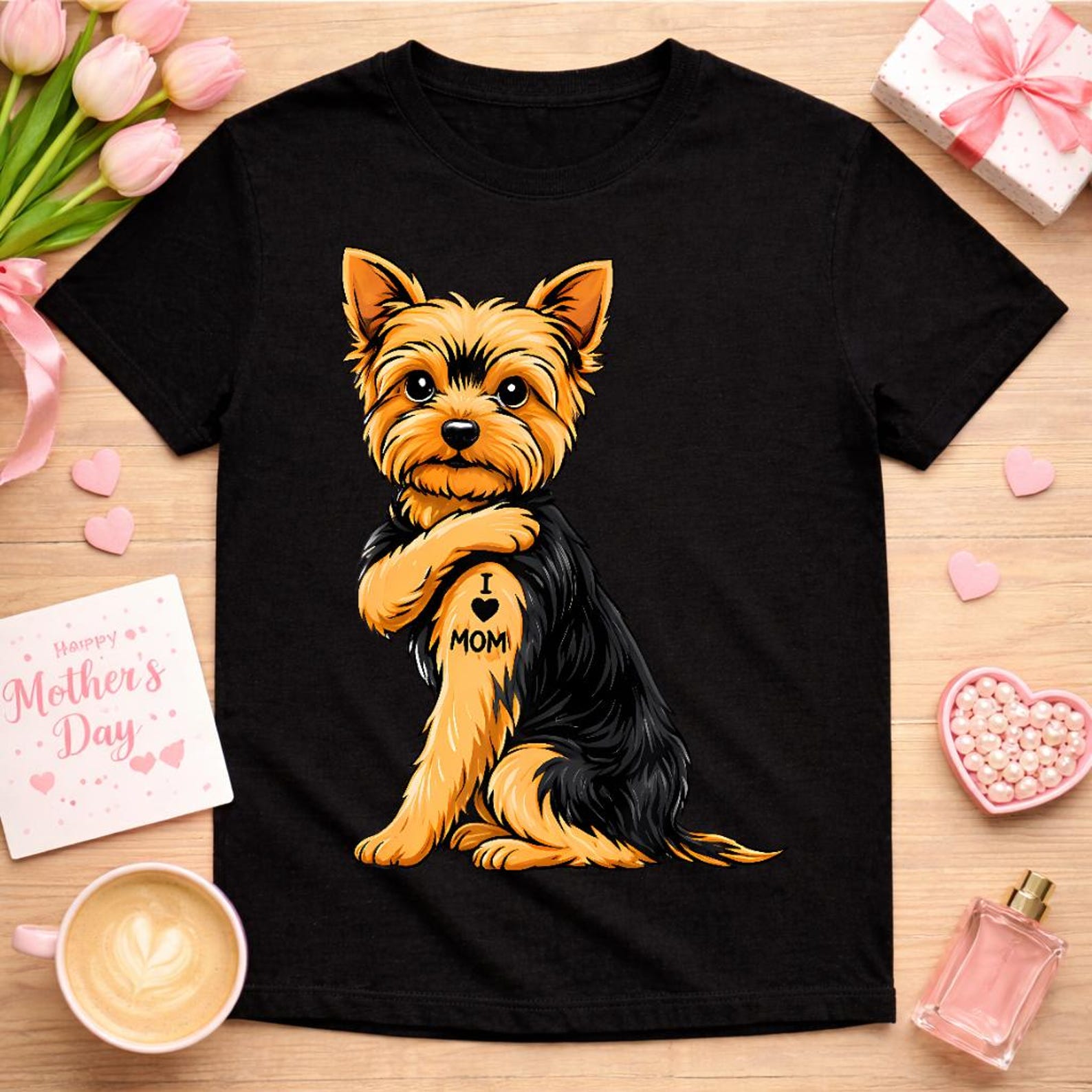 I Love Mom Yorkshire Terrier Tattoo Shirt, Funny Dog Mom Mothers Day Gift, Yorkie Lover Tee, Cute Puppy Tattoo Shirt, Pet Owner M