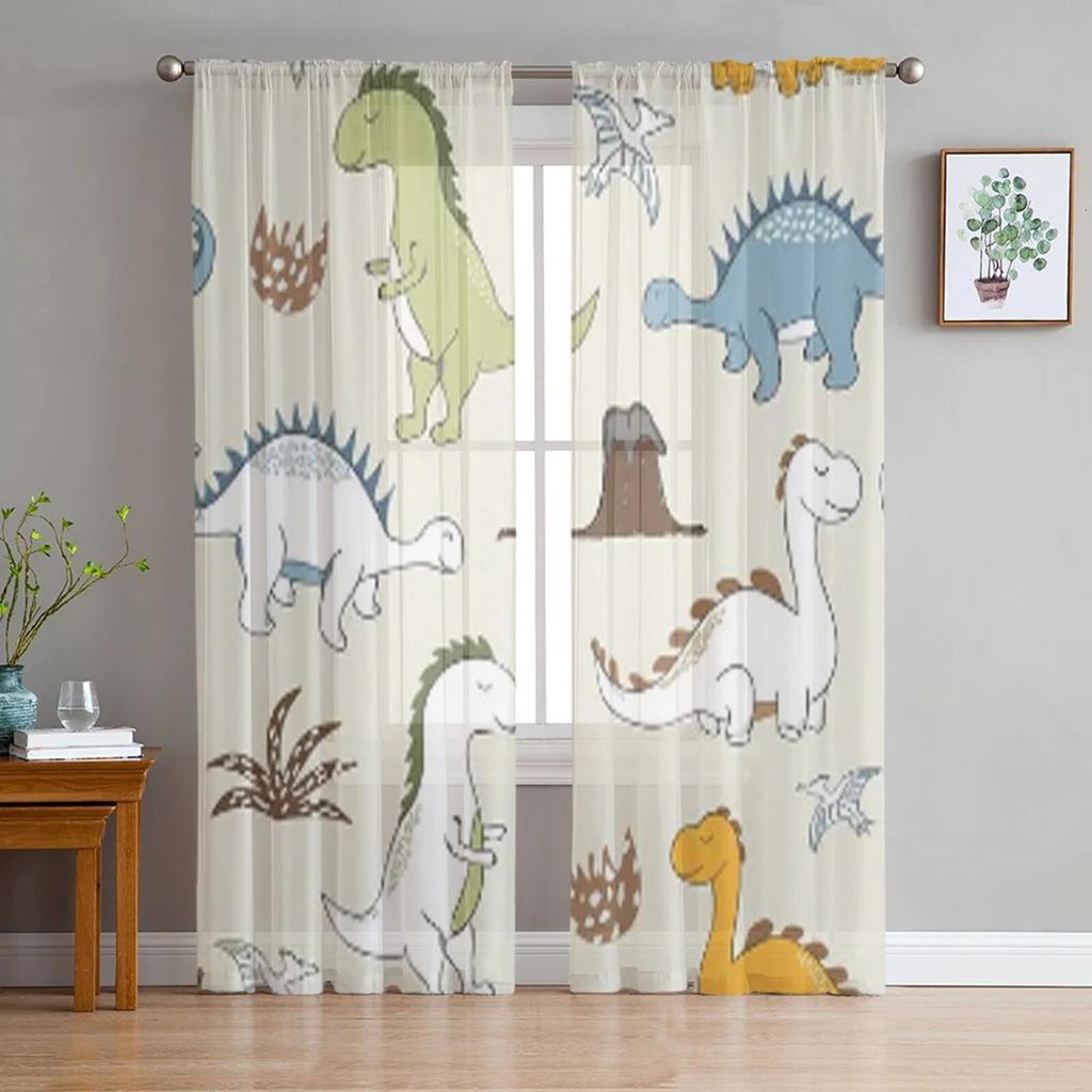 Animal Green Dinosaur Plant Tulle Sheer Window Curtains for Living Room Kitchen Children Bedroom Voile Hanging Curtain
