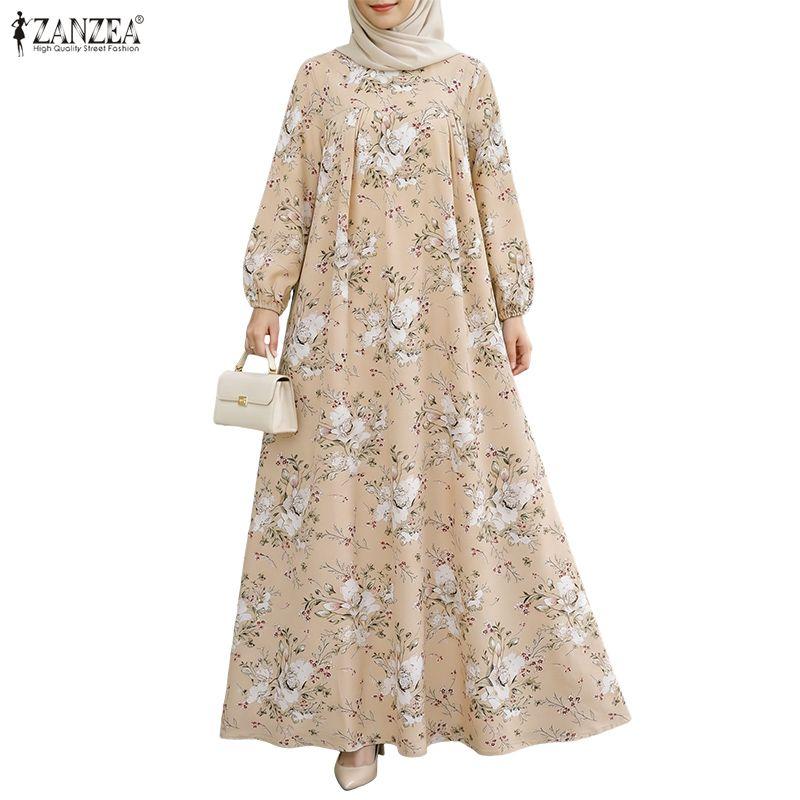 ZANZEA Women Casual Round Neck Loose Long Sleeve Print Long Dress