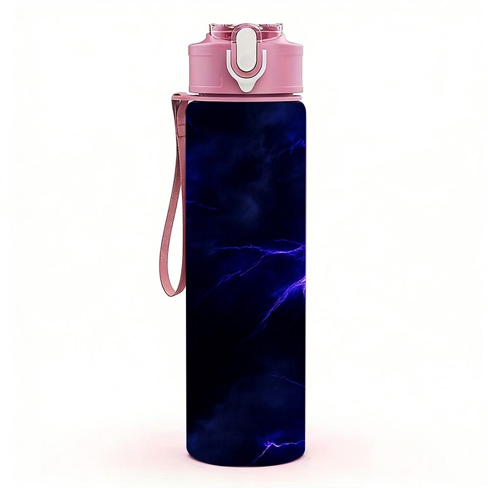 1PC Dark Blue Purple Lightning Storm Print 750ml Color Plastic Sports Water Bottle Leakproof Flip Straw Lid Suitable for Sports Office Home Use