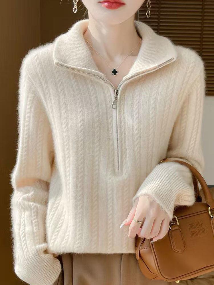 Women's Solid Half-Zip Fleece Base Layer with Half-High Neck Cable Knit Sweater