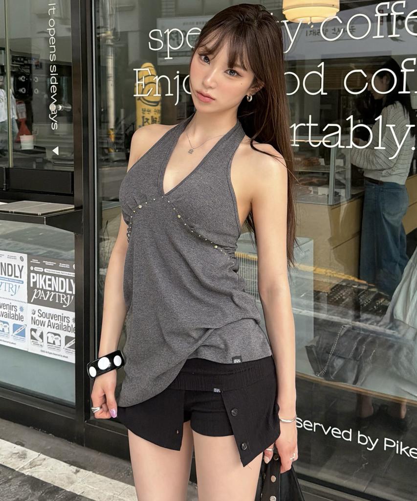 Geulouhaideu Koi Studded Halterneck Mini Dress_Charcoal