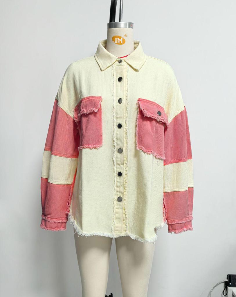 2026 Spring/Summer Women's Distressed Color Block Denim Jacket with Frayed Edges