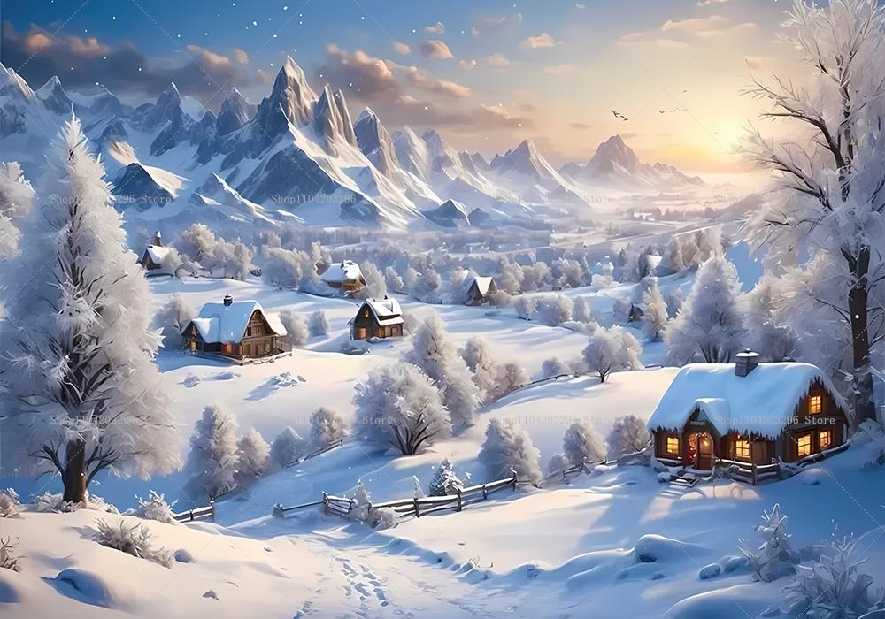Winter Christmas Village Backdrop Home Decoration Photography Studio Background New Year Snow Town Mountain Back Drop