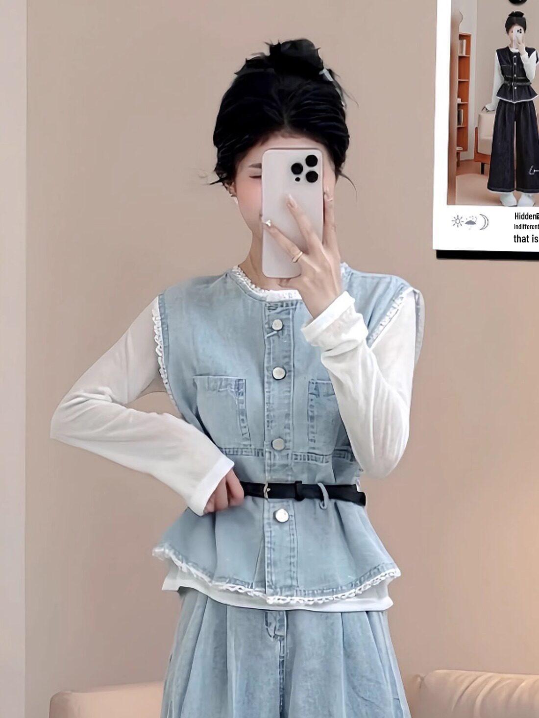 

Plus Size Women s Autumn Outfit: Layered Vest, Wide-Leg Jeans, Fashionable Age-Reducing 3-Piece Set XL (Recommended 60-70 kg)