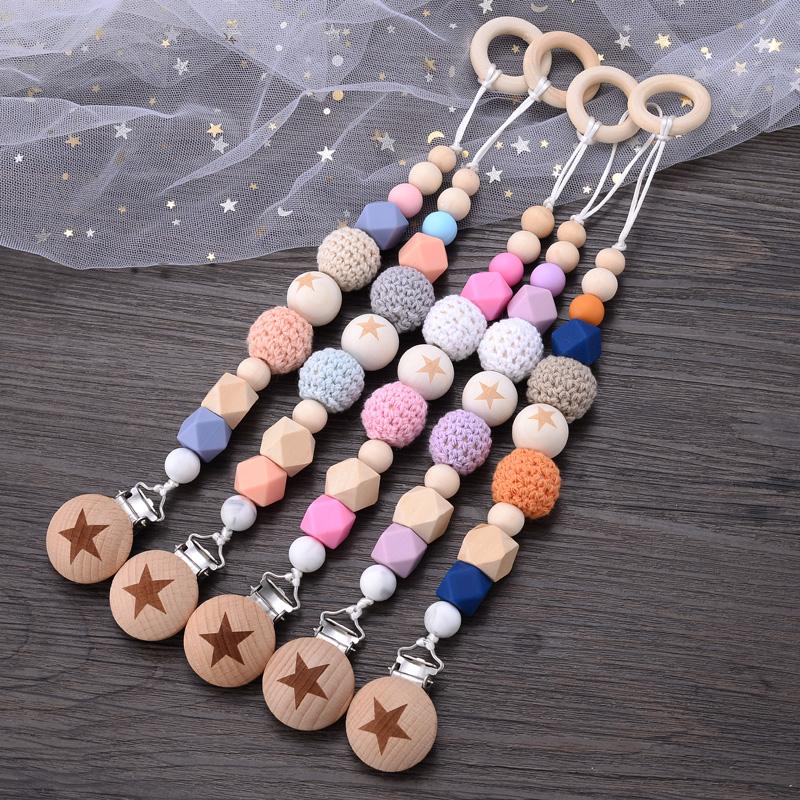 Baby Pacifier Clips Silicone Beads Wooden Crochet Ball Teething Ring Chain Nipple Clamp Dummy Holder Clip Chew Accessories