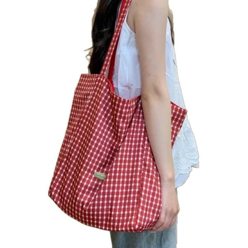 Large Bag Men's and Women's Double-sided Checkered Handbag Single-shoulder Tote Bag