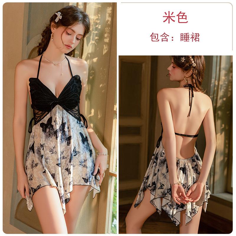 Women's Velvet Lace Mesh Butterfly Padded Backless Tie Sleep Dress with Robe Lounge Set