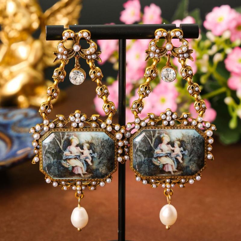 Retro Elegant Bow-Shaped Earrings Palace Style Freshwater Pearl Enamel Painted Ear Ornament For Women Party Jewelry Gift