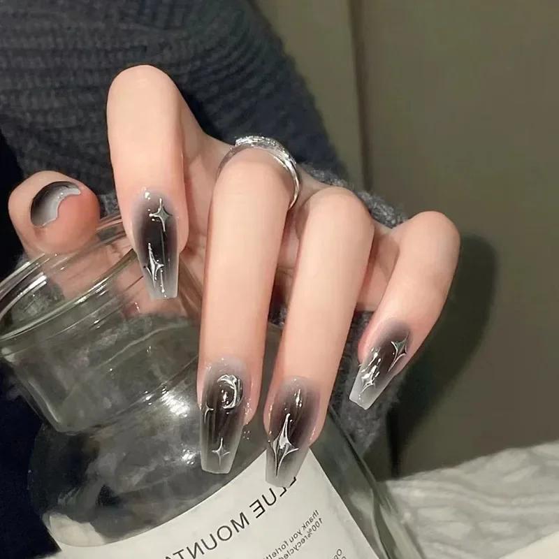 24Pcs Dark Butterfly Black Press On Nails Full Cover Fake Nail Tips Cute Girl False Nail Art Set