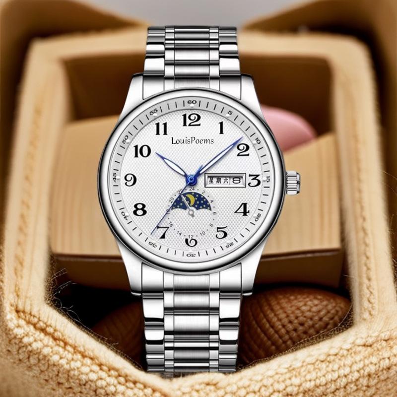 Men's Luminous Moon Phase Steel Watch - High-End Automatic Business Wristwatch