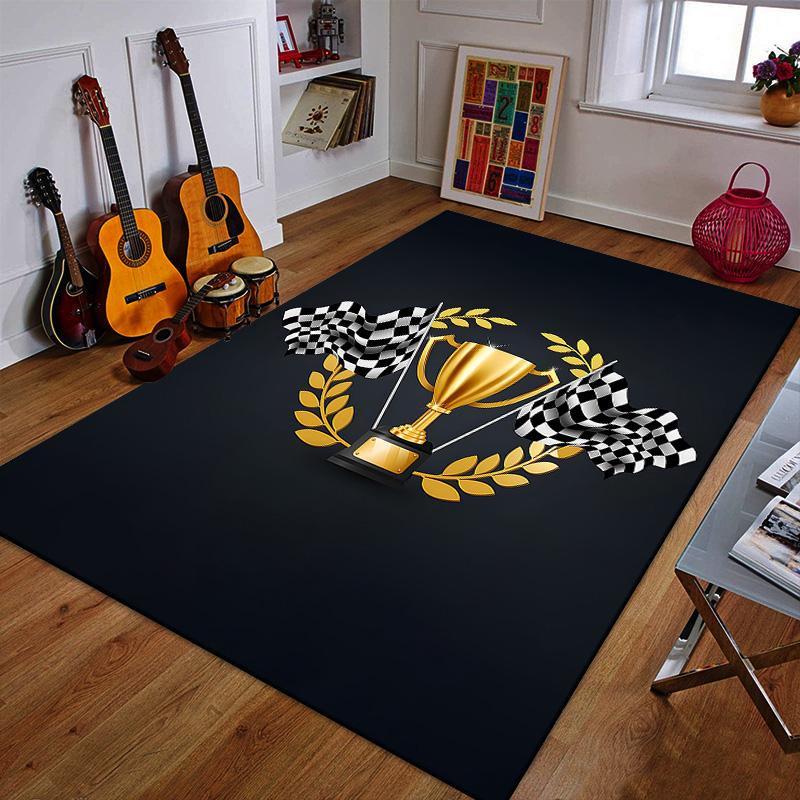 Golden Trophy with Checkered Flags Patterned carpet a non slip rug suitable for all seasons and any setting, gift