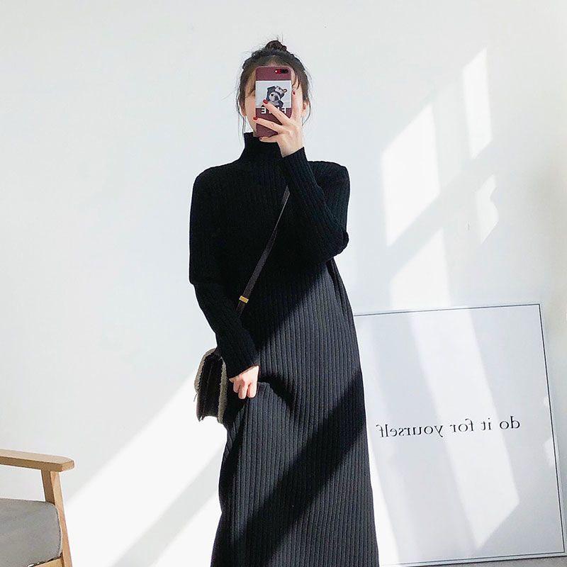 

Вільна чорна трикотажна сукня в корейському стилі - Напіввисока горловина, Довжина нижче коліна, Щільна для осені/зими M чорний